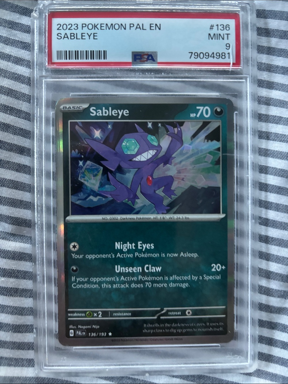 Pokemon Sableye Holographic Trading Card - Purple, Teal, Black